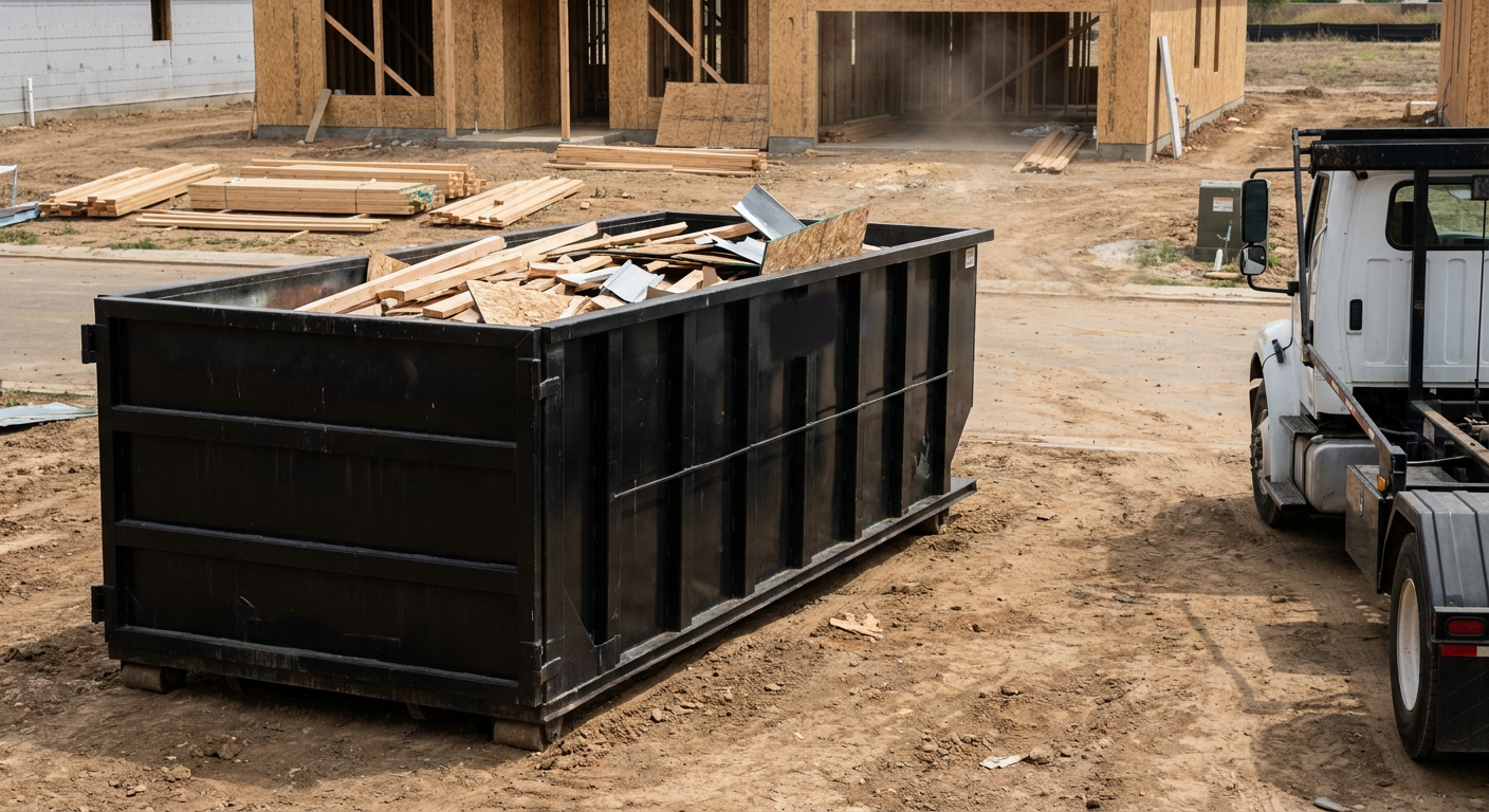 Matte-black 20-yard roll-off construction dumpster with heavy ribbed steel sidewalls and swing rear doors at a working jobsite in Redwood City, sitting directly on compacted dirt with an unmarked white hauler partially visible at the far edge of the frame.
