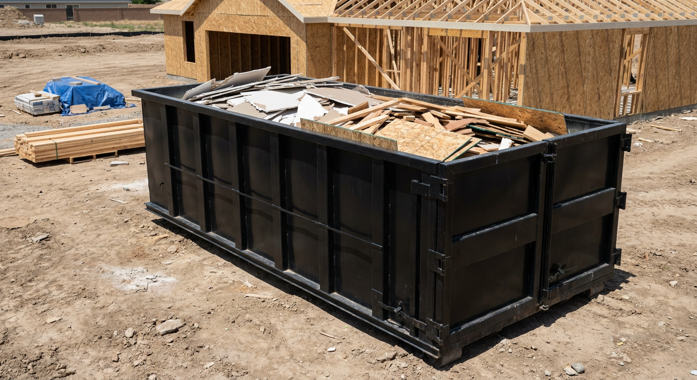 Matte-black 30-yard roll-off construction dumpster sitting directly on the compacted-dirt site of a framed single-family home build in Redwood City, drywall and lumber scrap loaded inside.