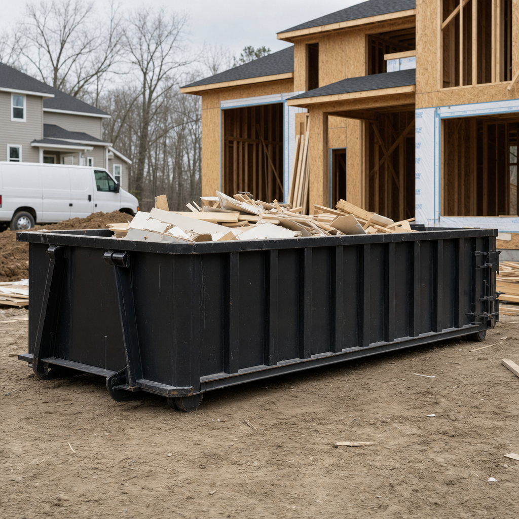 Worker in a yellow high-visibility vest tossing framing lumber and broken drywall into a matte-black 30-yard construction roll-off dumpster on an active build site in Redwood City, bright daylight