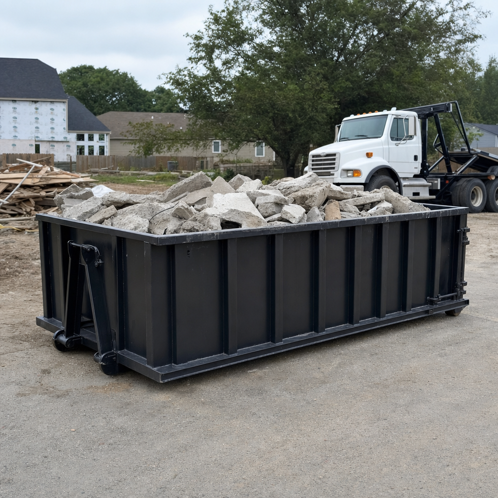 Low-profile matte-black lowboy roll-off dumpster loaded with broken concrete slab and rebar at a foundation tear-out in Redwood City, skid steer parked beside it, sunny Colorado morning