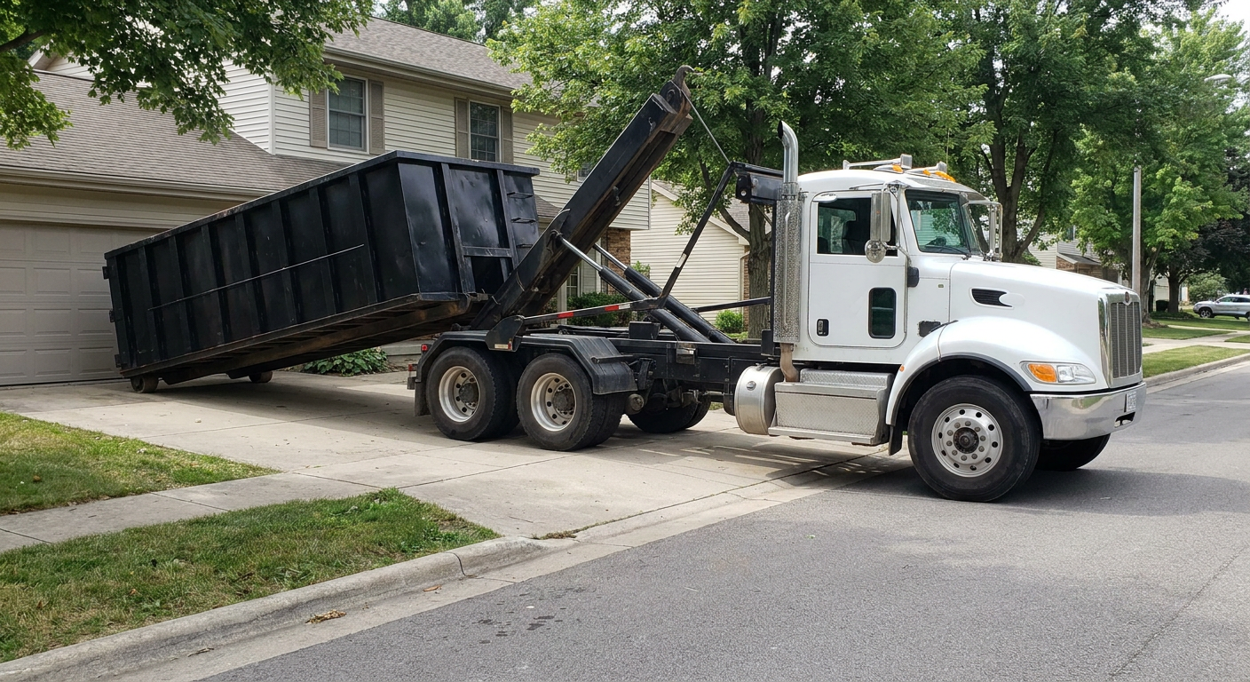 White-cab hooklift roll-off truck actively lowering a matte-black dumpster onto a Redwood City residential concrete driveway, the dumpster's rear wheels touching the driveway as the hoist arm tilts the bed forward, mid-morning daylight.