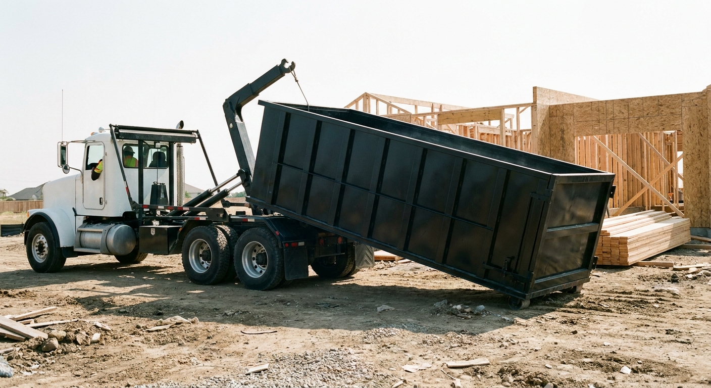 Matte-black roll-off dumpster being delivered onto a clean residential concrete driveway in Redwood City by an unmarked white hooklift hauler truck, bright morning daylight, documentary 35mm perspective.