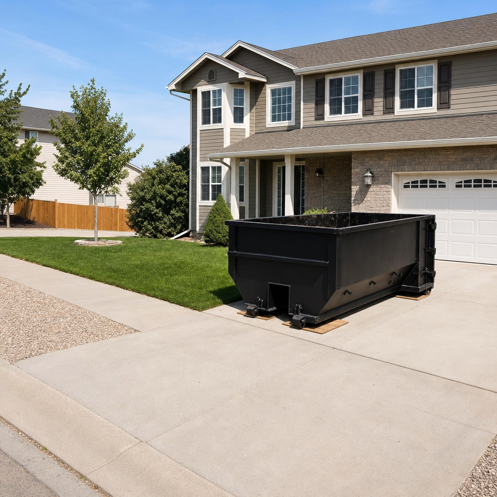 10-yard matte-black residential dumpster placed directly on a narrow Redwood City concrete driveway, room remains for a parked sedan beside it, mid-morning natural light