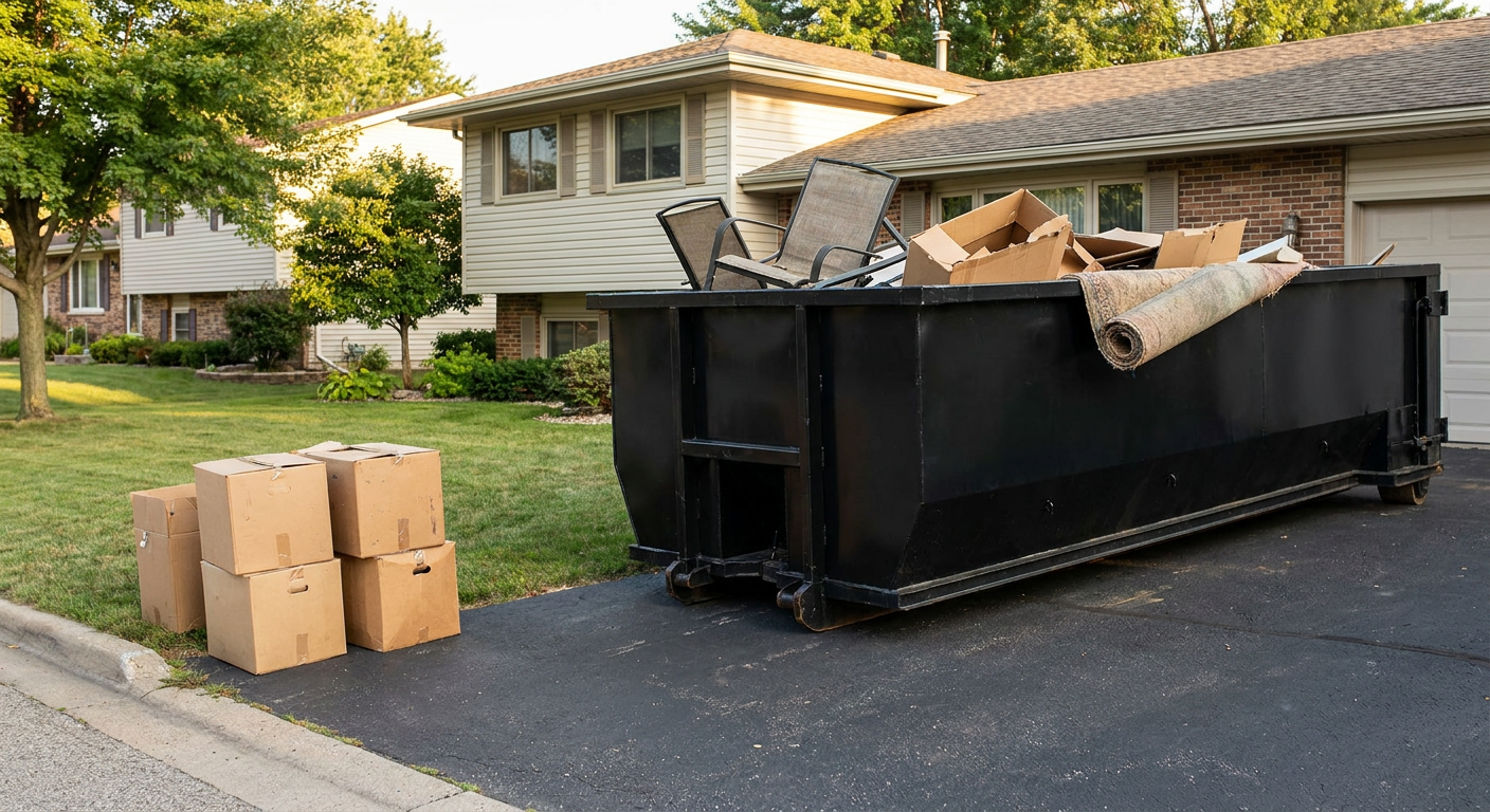 Front-yard view of a Redwood City split-level home with a 20-yard matte-black roll-off dumpster sitting directly on the asphalt driveway, a few clearly labeled donation boxes staged at the curb, calm sunny afternoon.