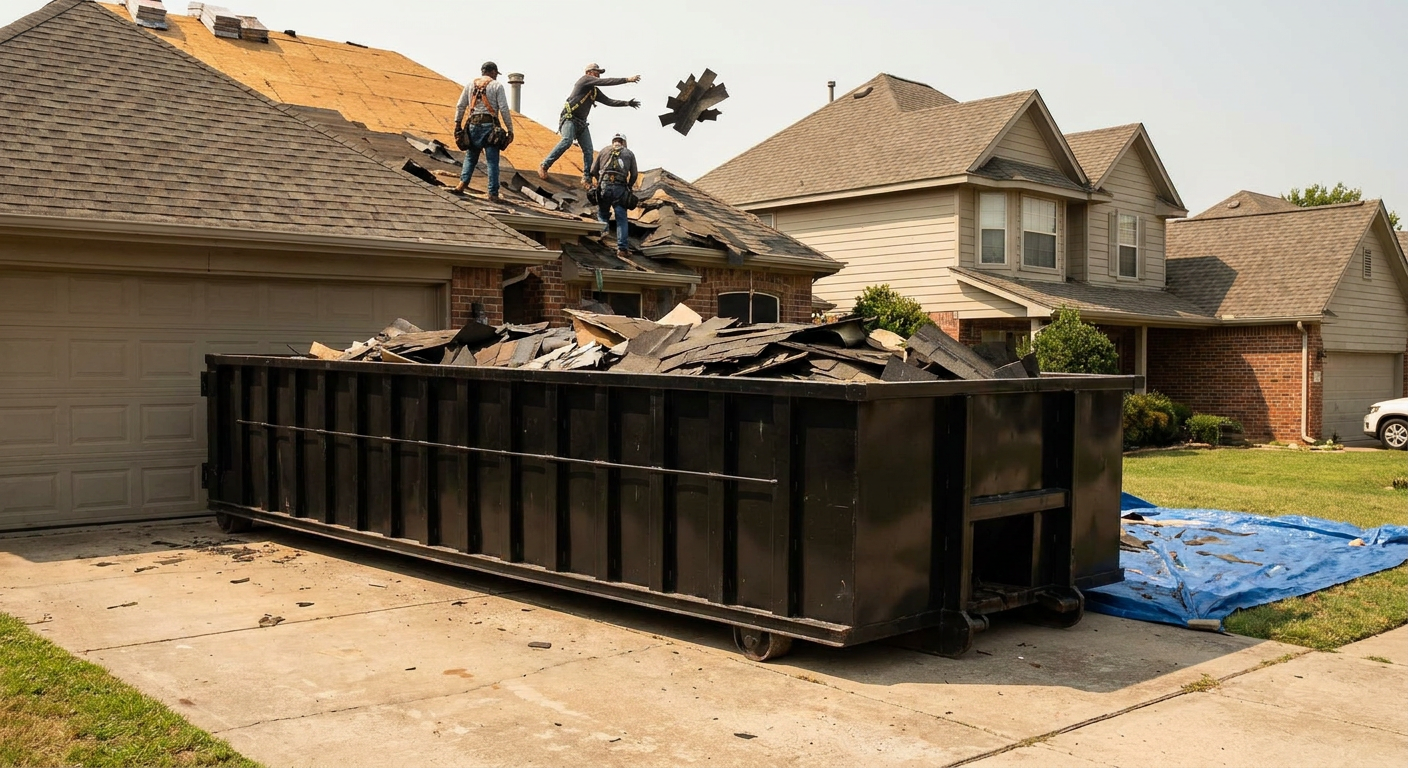 Matte-black roofing roll-off dumpster placed directly on a Redwood City residential concrete driveway, a tear-off crew on a two-story asphalt-shingle roof tossing shingle bundles into the low-walled container, bright daylight, documentary 35mm perspective.
