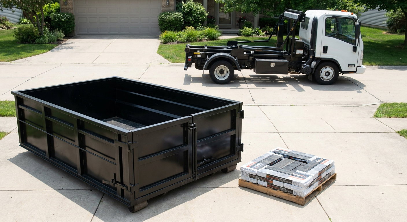Matte-black 15-yard roofing roll-off dumpster with reinforced low side walls sitting directly on a Redwood City residential concrete driveway, three-tab asphalt shingle bundles stacked nearby, an unmarked white hauler truck partially visible at the edge of the frame.
