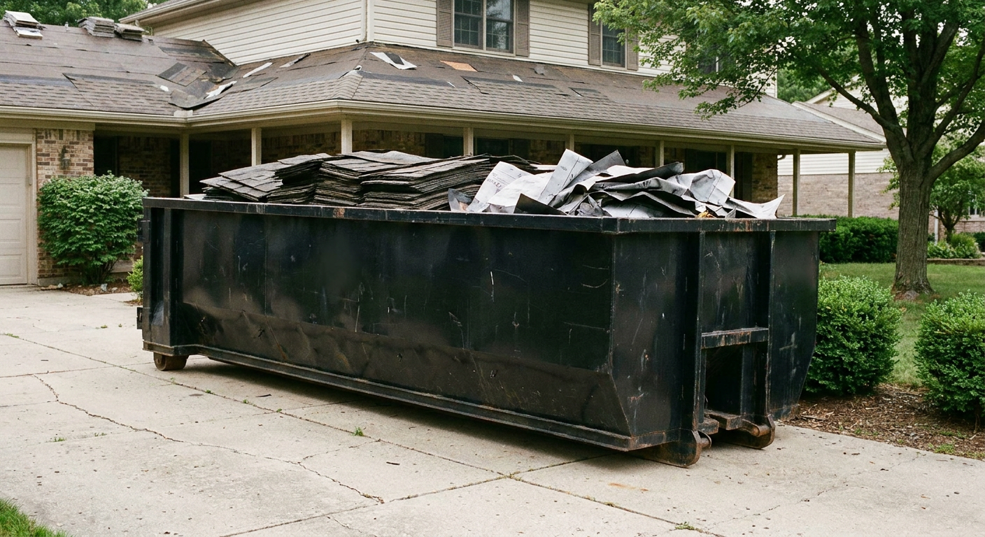 Matte-black 30-yard roofing roll-off dumpster sitting directly on a Redwood City concrete driveway, taller ribbed steel side panels, mixed tear-off debris of asphalt shingles and underlayment inside, professional documentary daylight.