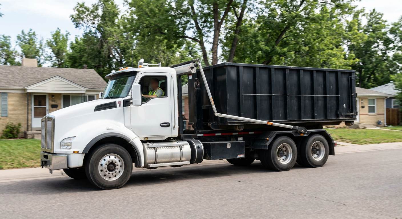 A wide documentary shot of a matte-black roll-off delivery truck pulling onto a quiet Redwood City residential street at mid-morning, with neighborhood rooftops and tree-lined blocks visible behind, showing the metro coverage footprint.