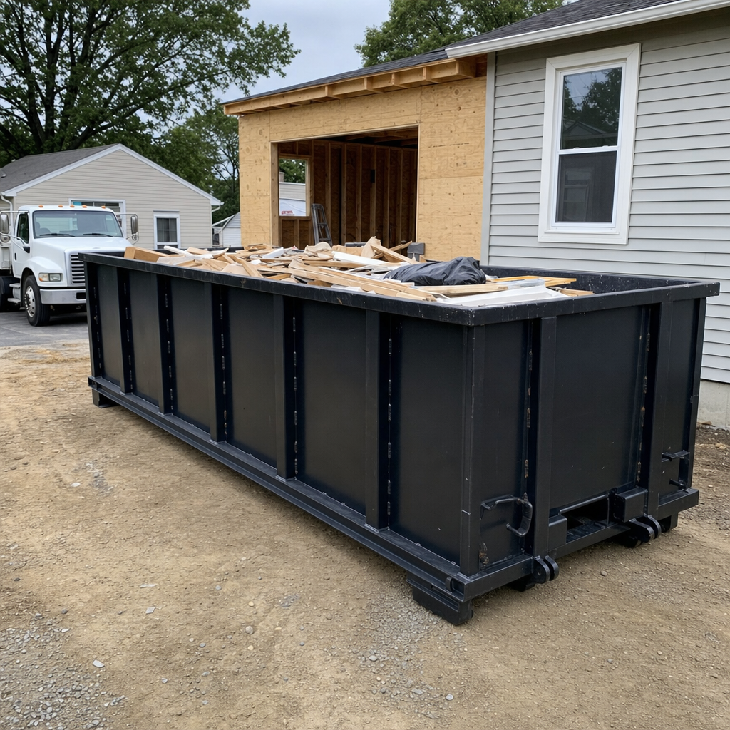 A matte-black 30-yard roll-off dumpster positioned at a Redwood City residential addition jobsite, with framing lumber and drywall scraps loaded through the open swinging rear doors.