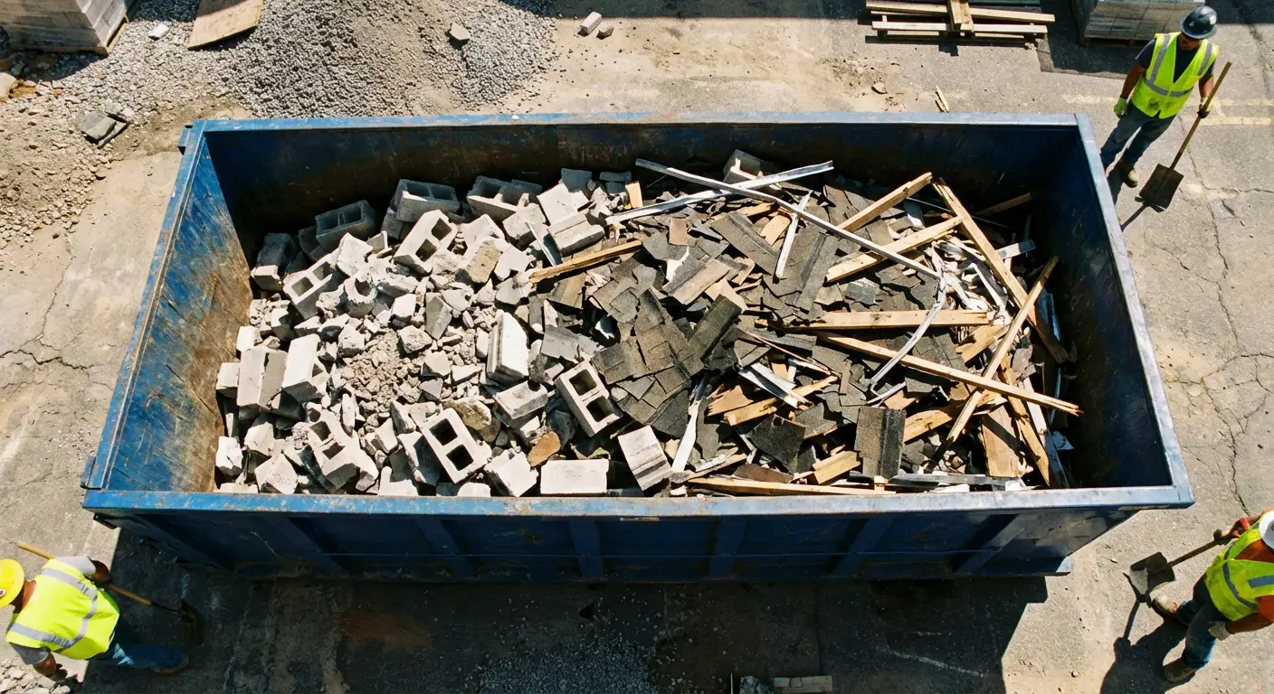 Roll-off dumpster loaded with construction debris in Redwood City, CA