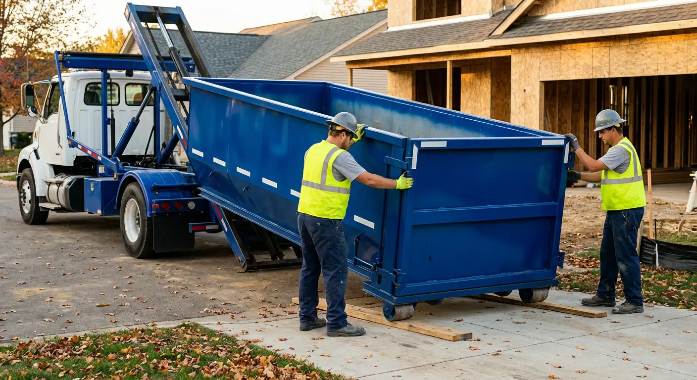 Roll-off dumpster delivery truck in residential area in Redwood City, CA