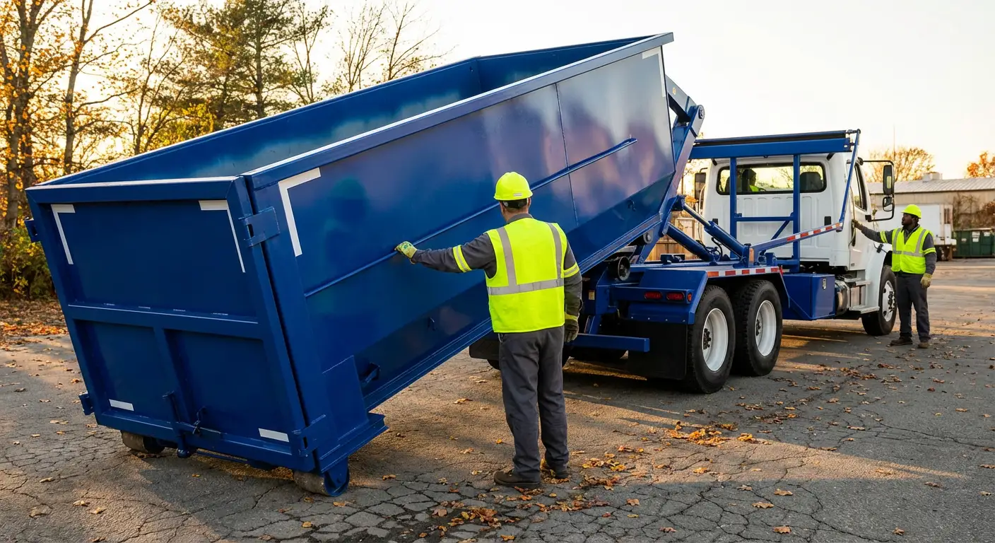 Commercial roll-off dumpster delivery truck in Redwood City, CA