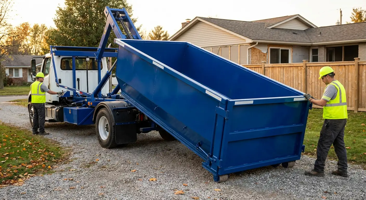 Roll-off dumpster rental delivery truck in Redwood City, CA